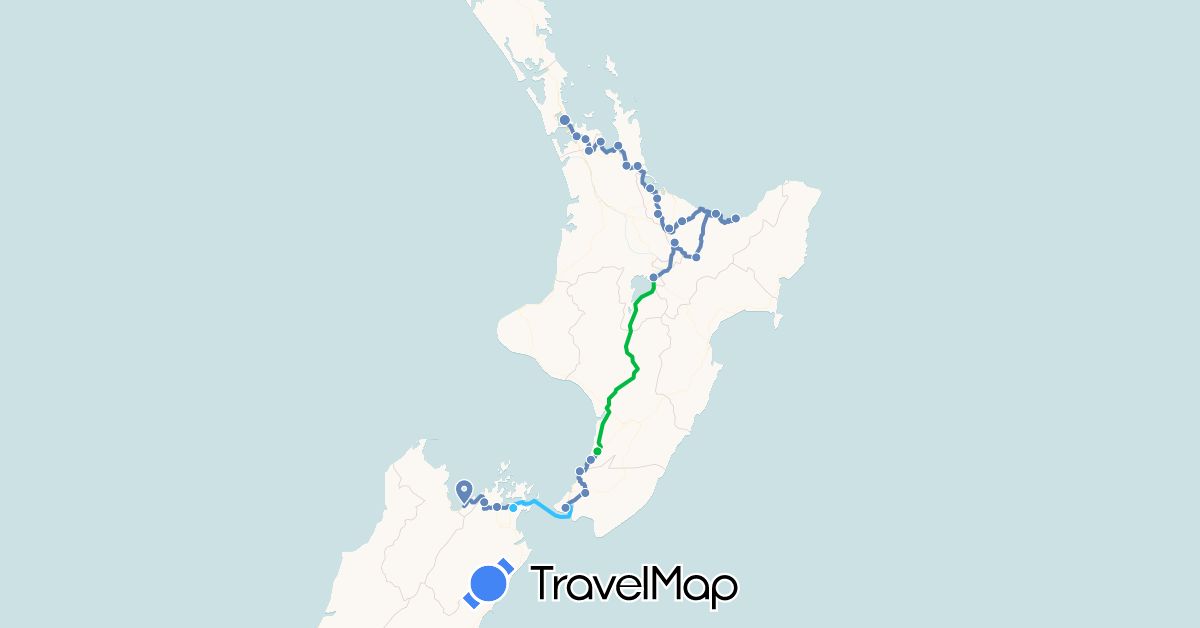 TravelMap itinerary: driving, bus, cycling, boat in New Zealand (Oceania)