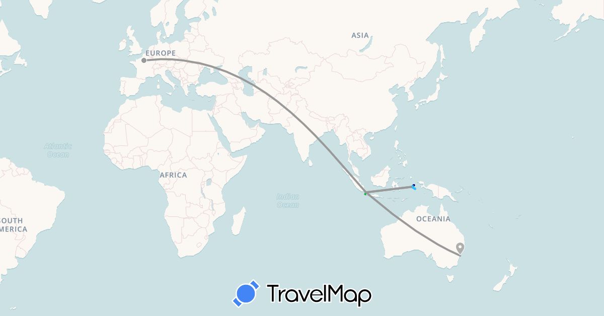 TravelMap itinerary: driving, bus, plane, boat, motorbike in Australia, France, Indonesia (Asia, Europe, Oceania)