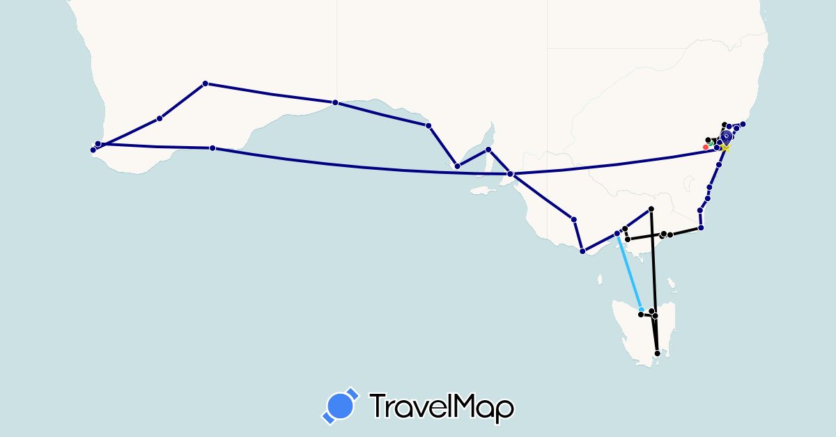 TravelMap itinerary: driving, bus, train, hiking, boat, bernard in Australia (Oceania)